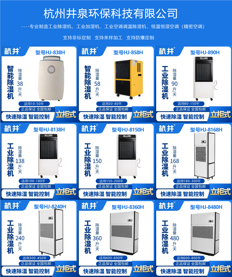 自貢連雨天好的防潮設(shè)備裝置杭州井泉環(huán)?？萍加邢薰旧a(chǎn)的杭井牌：HJ-838H 220V／50Hz 除濕量38升／天強(qiáng)勁除濕機(jī)來(lái)除濕